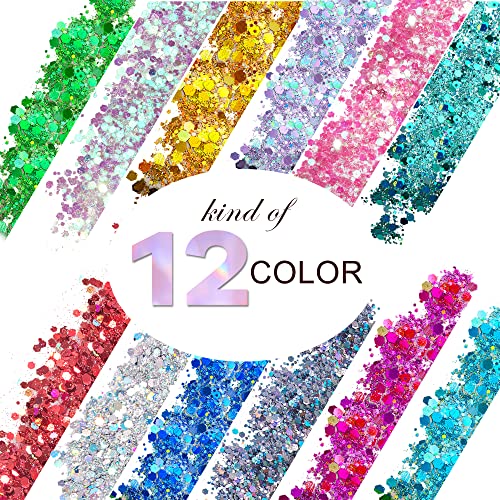 Body Glitter Chunky,Holographic Shimmer Glitter for Face Hair Eye Nail , Resin Glitters Makeup for Festival Carnival Dance Party 12 Colors (120g or 4.23oz) (multicolor-12pack)