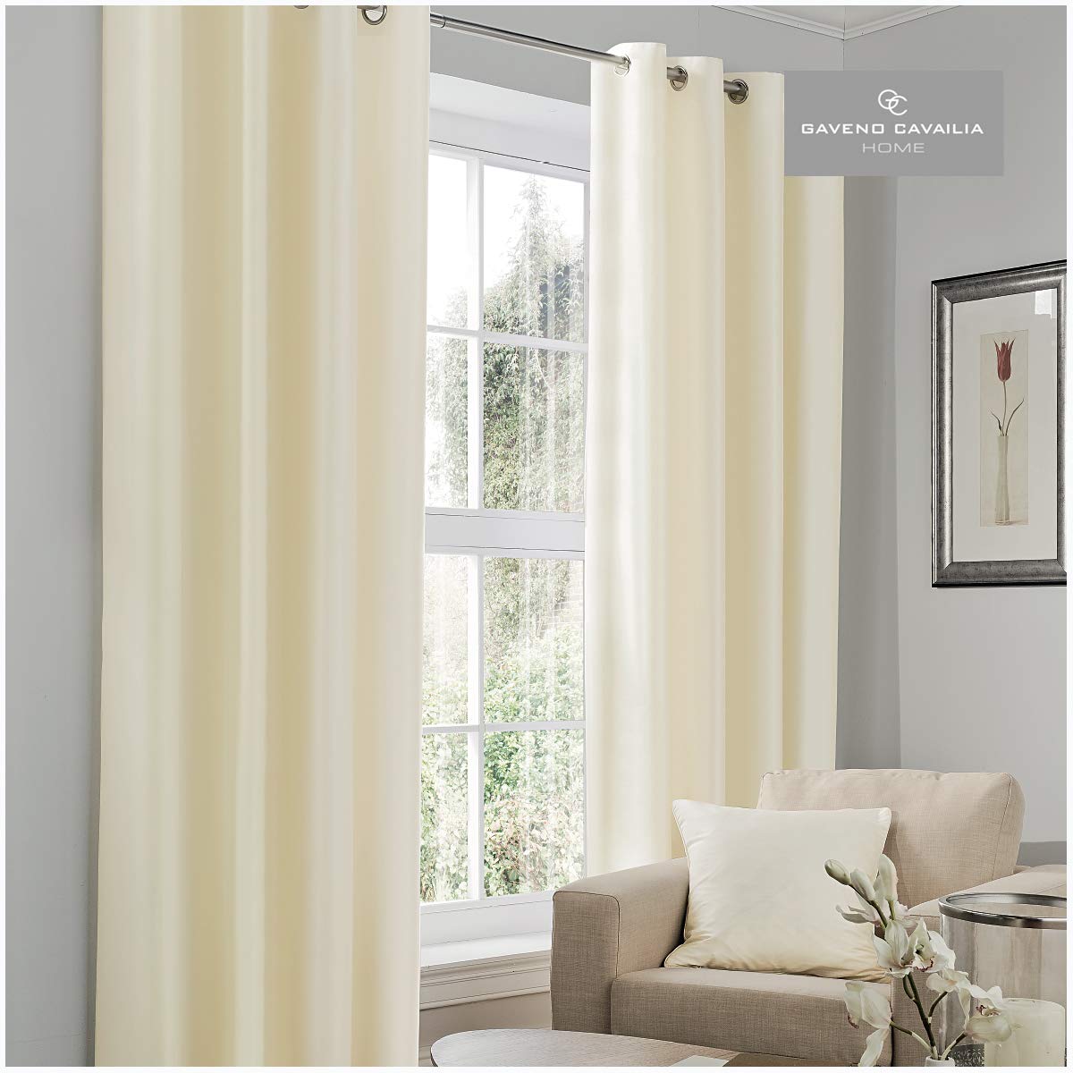Gaveno Cavailia BlackOut Eyelet Curtains Cream, 100% Polyester Luxury Ring Top Drapery with Matching Tie Backs, Two 90"x90" Thermal Panels, Easy Care Window Treatment