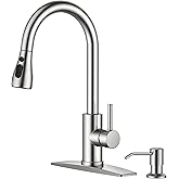 FORIOUS Kitchen Faucet with Soap Dispenser, Brushed Nickel, Single Handle Stainless Steel Transitional Sink Faucet with Pull Down Sprayer 1 or 3 Hole, Suitable for Farmhouse Laundry Camper RV Bar