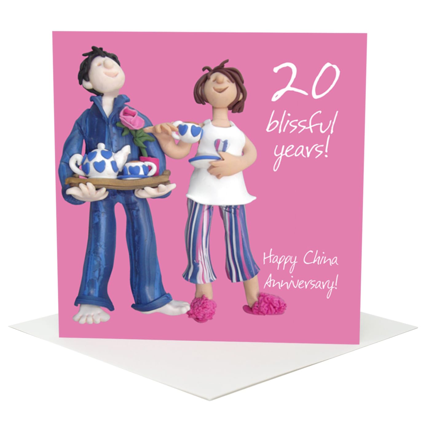 Holy Mackerel twenty blissful years china 20th wedding anniversary card for a couple - designed by artist Erica Sturla - 15cm square and blank inside for your message - made in the UK