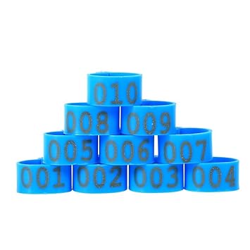 Clipsringe (100/Stück), 16 mm, in 6 Farben, durchnummeriert von 001 - 100 zur Beringung von Geflügel wie Hühnern, Enten und G