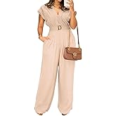 Pink Queen Jumpsuits for Women Dressy V Neck Short Sleeve Wide Leg Rompers Business Casual One Piece Outfits
