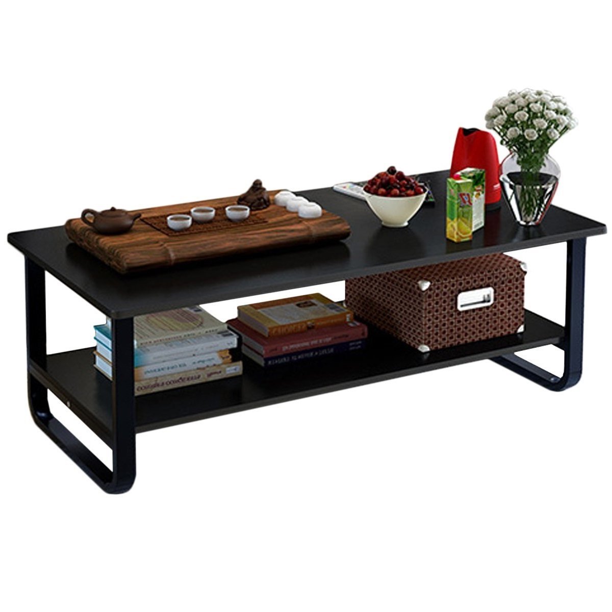 Rectangular Coffee/Tea Table with Storage Shelf (Black)