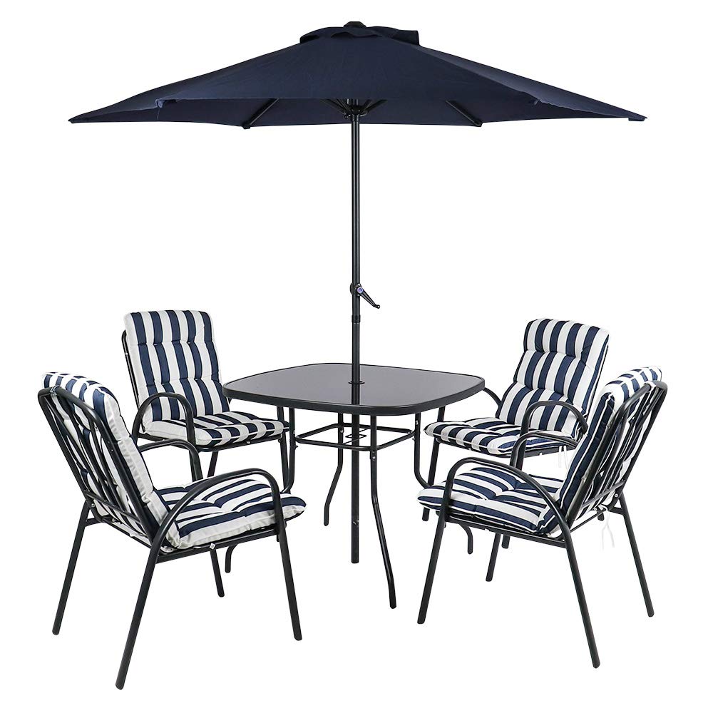 Kingfisher 6 Piece Navy Blue White Padded Chairs X4 Glass Table Parasol Garden Patio Furniture Set Buy Online In Albania At Albania Desertcart Com Productid 68261505