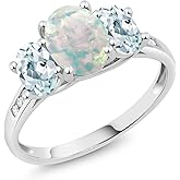 Gem Stone King 10K White Gold Gemstone Birthstone Aquamarine and Diamond Accents 3-Stone Engagement Ring for Women | Oval 8X6MM and 6X4MM | Elegant Wedding Anniversary Promise Ring | Size 5-9