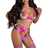 Kaei&Shi Lingerie Garter Set,Underwire Floral Embroidered Sheer Lace Lingerie,3 Piece Sexy Boudoir Outfits Valentines Day