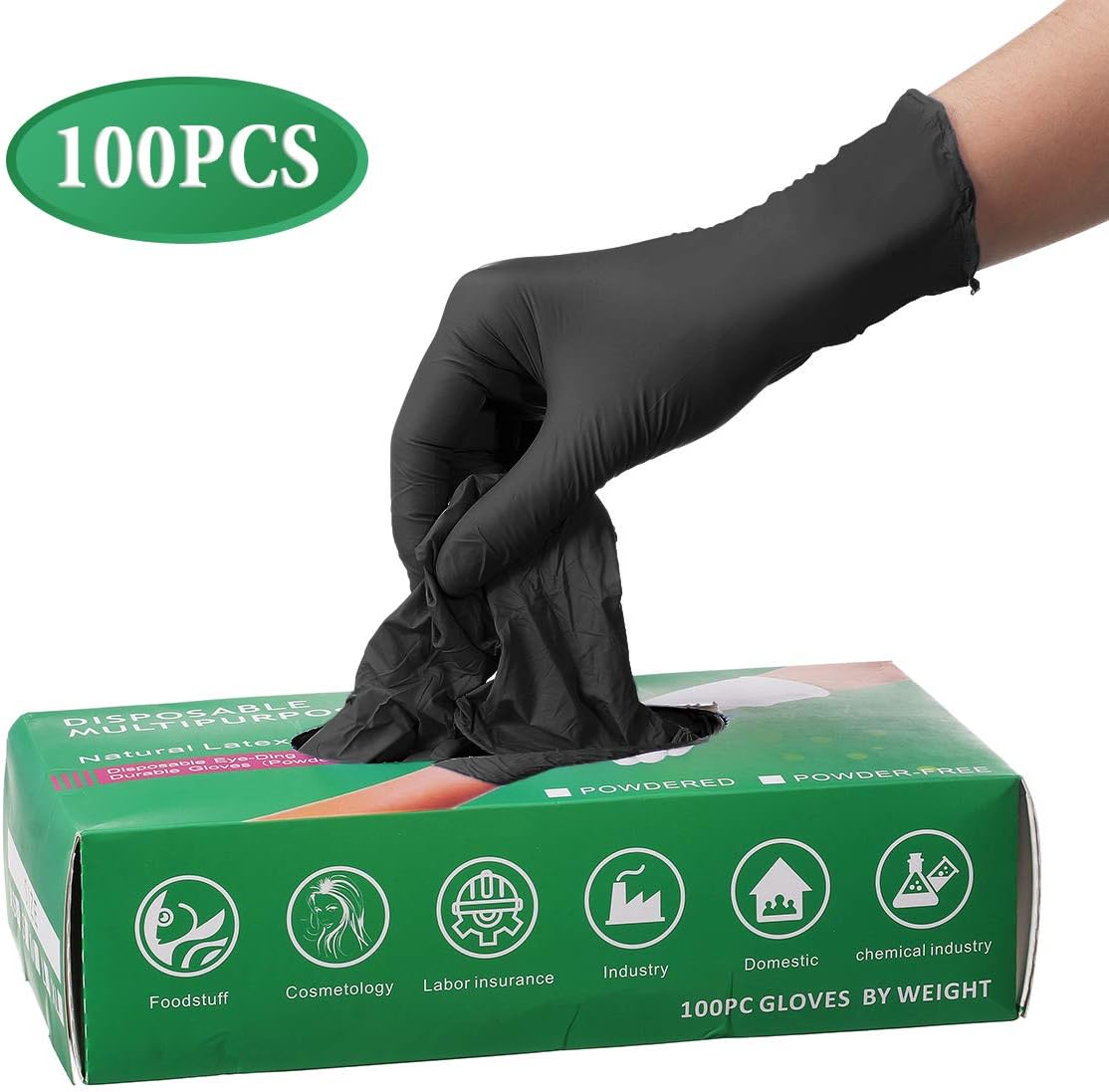 Camfosy Nitrile Gloves, Disposable Gloves Latex Free Work Gloves Powder Free Kitchen Food Safety Cleaning Gloves Waterproof Fingertips Textured Hand Germ Protection Black Box of 100 Black L