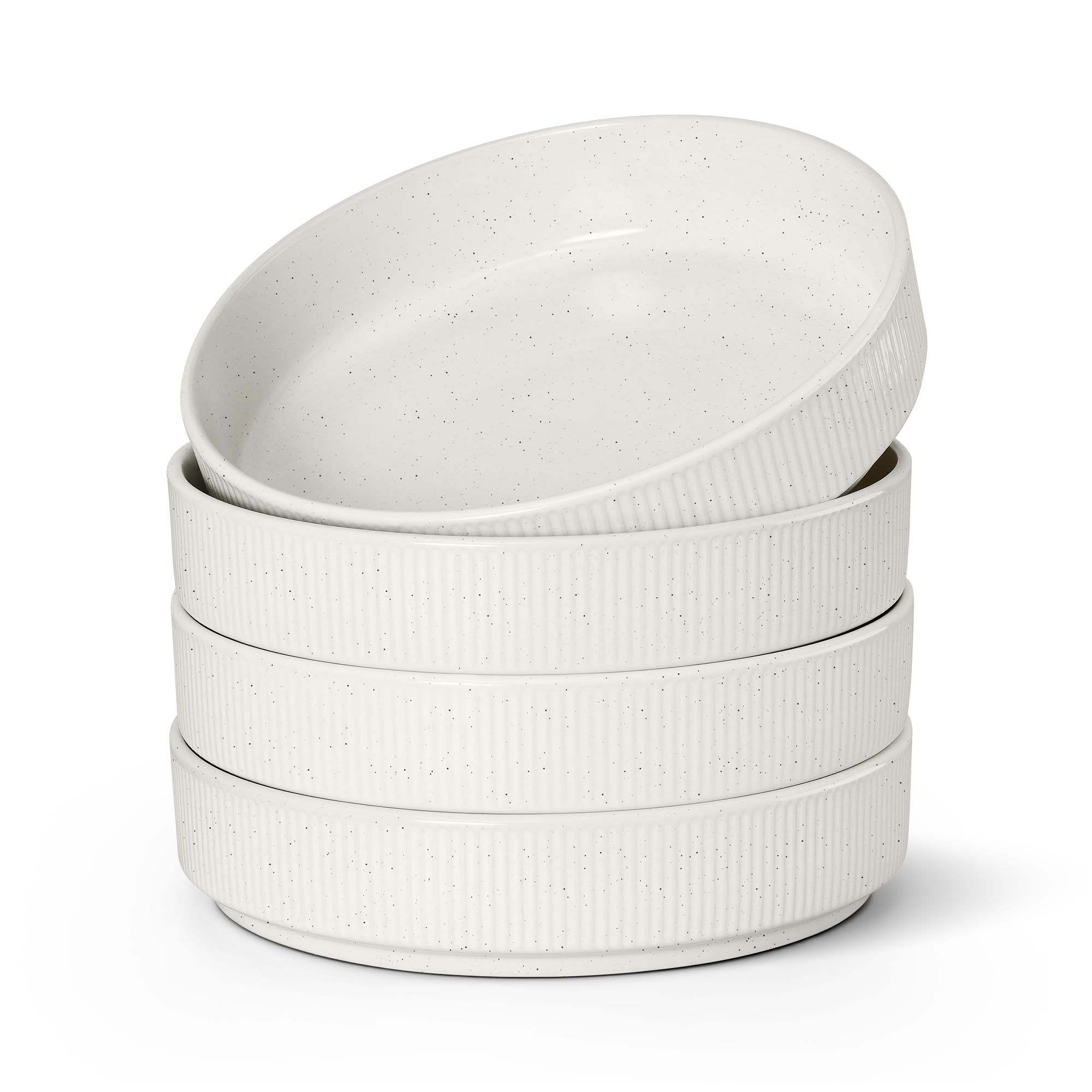 Photo 1 of E-far Pasta Bowls Set of 4, 35oz Large Salad Bowl Plate for Dinner Serving Soup, Wide & Shallow Ceramic Stoneware Pasta Plates, Microwave & Dishwasher Safe, Textured Stripes & Speckled White, 8”