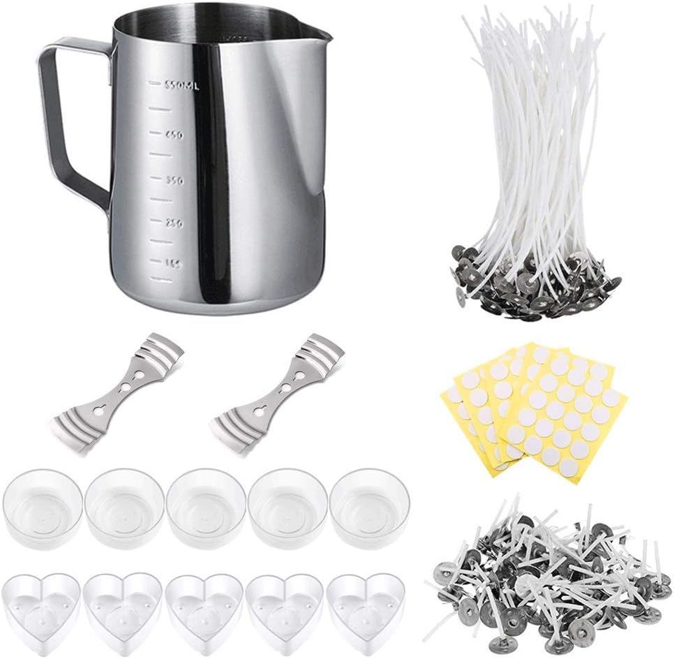 Candle Making Kit,1pcs Candle Make Pouring Pot, 100pcs Natural Candle Wicks, 100pcs Candle Wick Stickers, 2pcs 3-Hole Wicks Centering Device and 10pcs Plastic Tealight Cups and, for DIY Candle Making