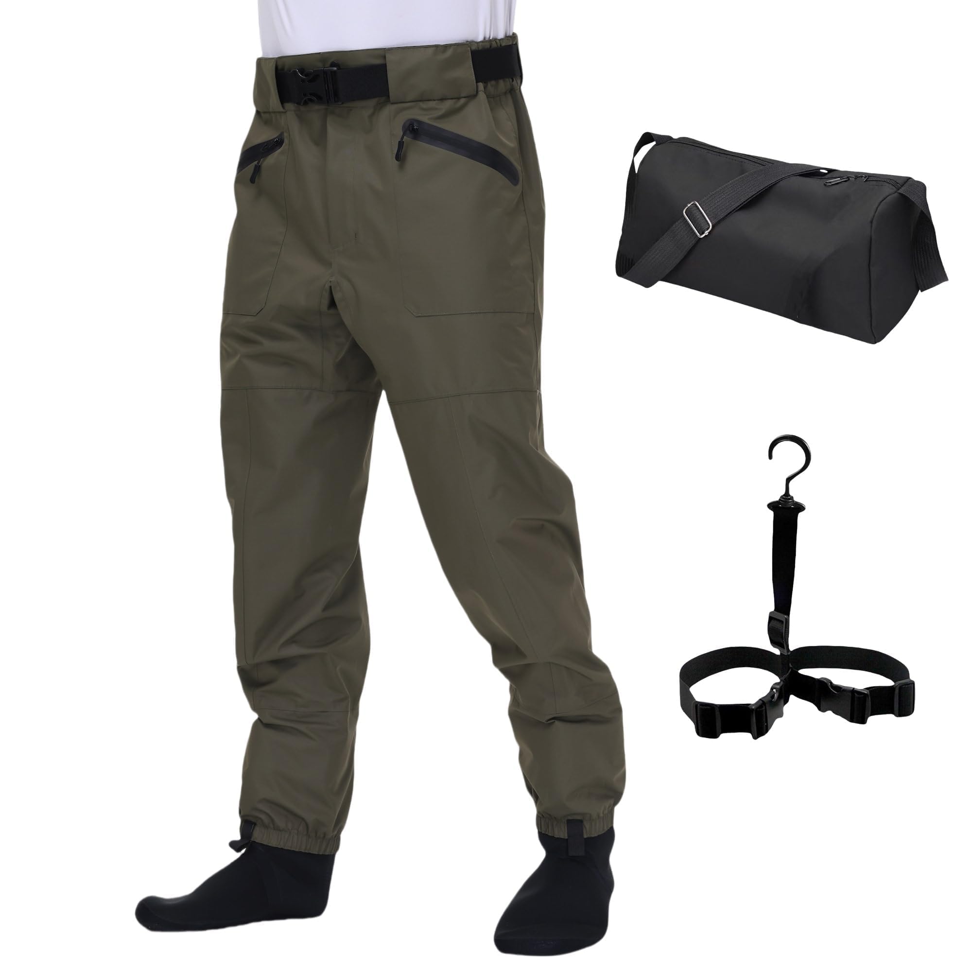 Photo 1 of VZKAK Fishing Waders for Men and Women,Wading Pants with Neoprene Stocking Foot,Fishing Waist Waders Pants with Pockets for Fly Fishing Boating Hunting Kayaking (Olive Green, Large)