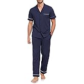 COLORFULLEAF Men's 100% Cotton Pajamas Set Button Down Short Sleeve Sleepwear Long Pants Pjs for Men with pockets