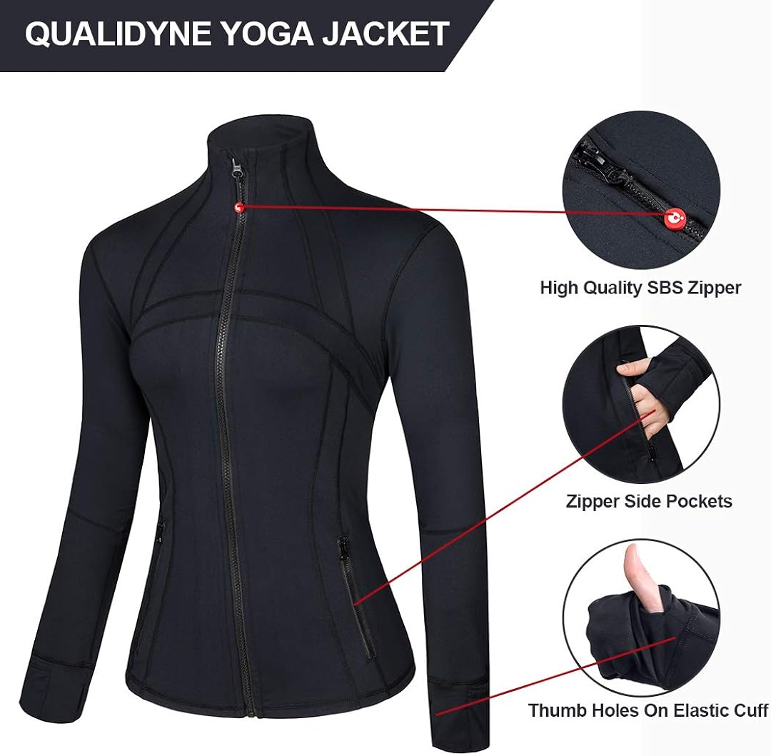 qualidyne Womens Sports Running Yoga Jacket Slim Fit Full Zip Track Jacket Turtleneck Workout Jacket: Clothing