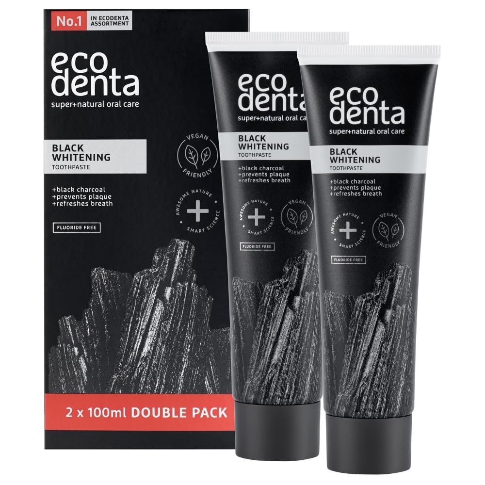 Ecodenta Charcoal Toothpaste, Teeth Whitening Toothpaste I Naturally Whitens Teeth and Removes Plaque I Black Natural Toothpaste Fluoride Free, Set 2x100ml