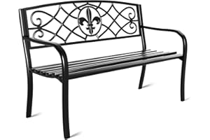 JMGJOY Classic Wrought Iron Outdoor Bench, Metal Weatherproof Garden Bench, with Ergonomic Backrest and Armrests, for Patio, Porch, Park, Lawn
