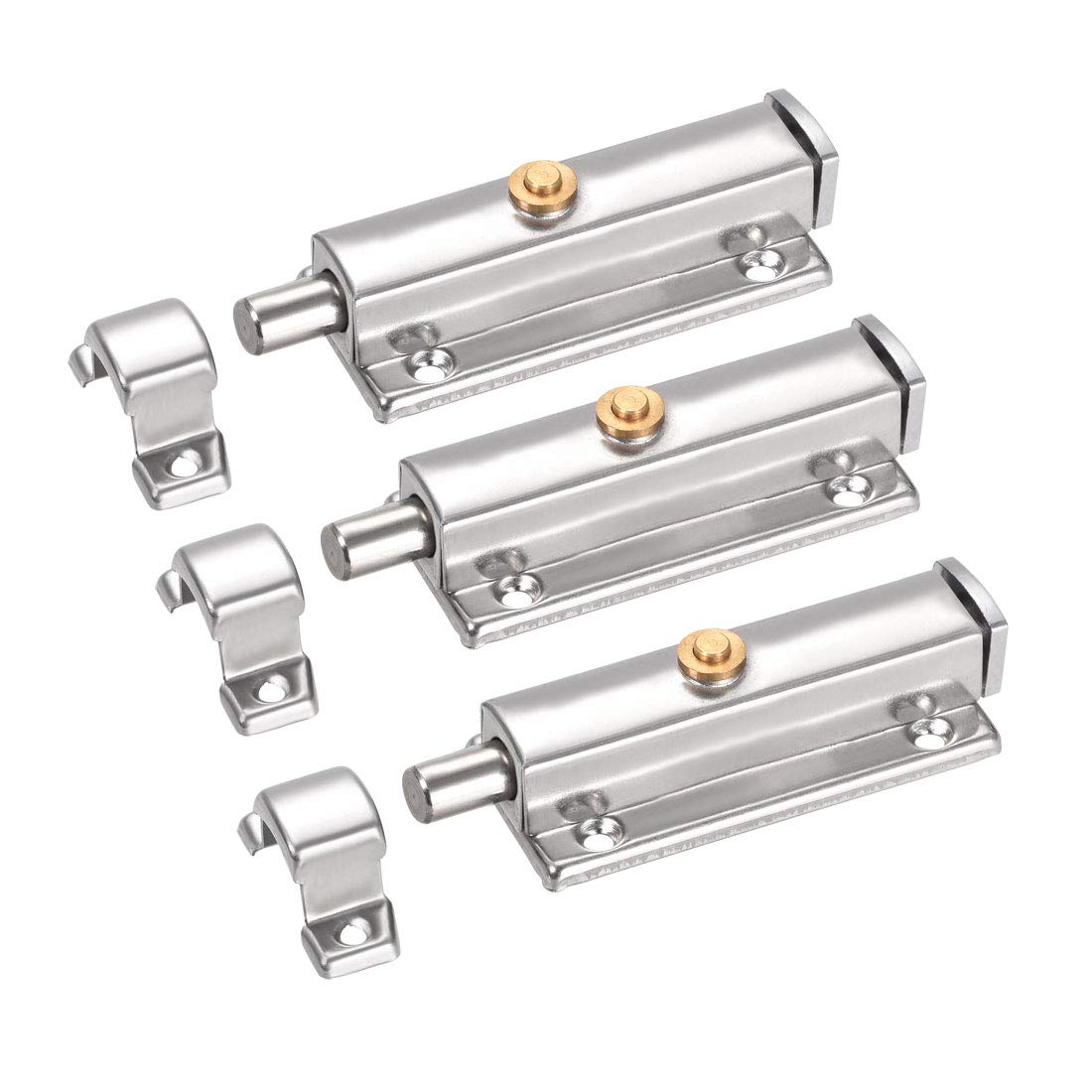 sourcing map Door Flush Bolt, 4-inch Stainless Steel Security Sliding Barrel Latch Lock with Spring Switch, 3 Pcs