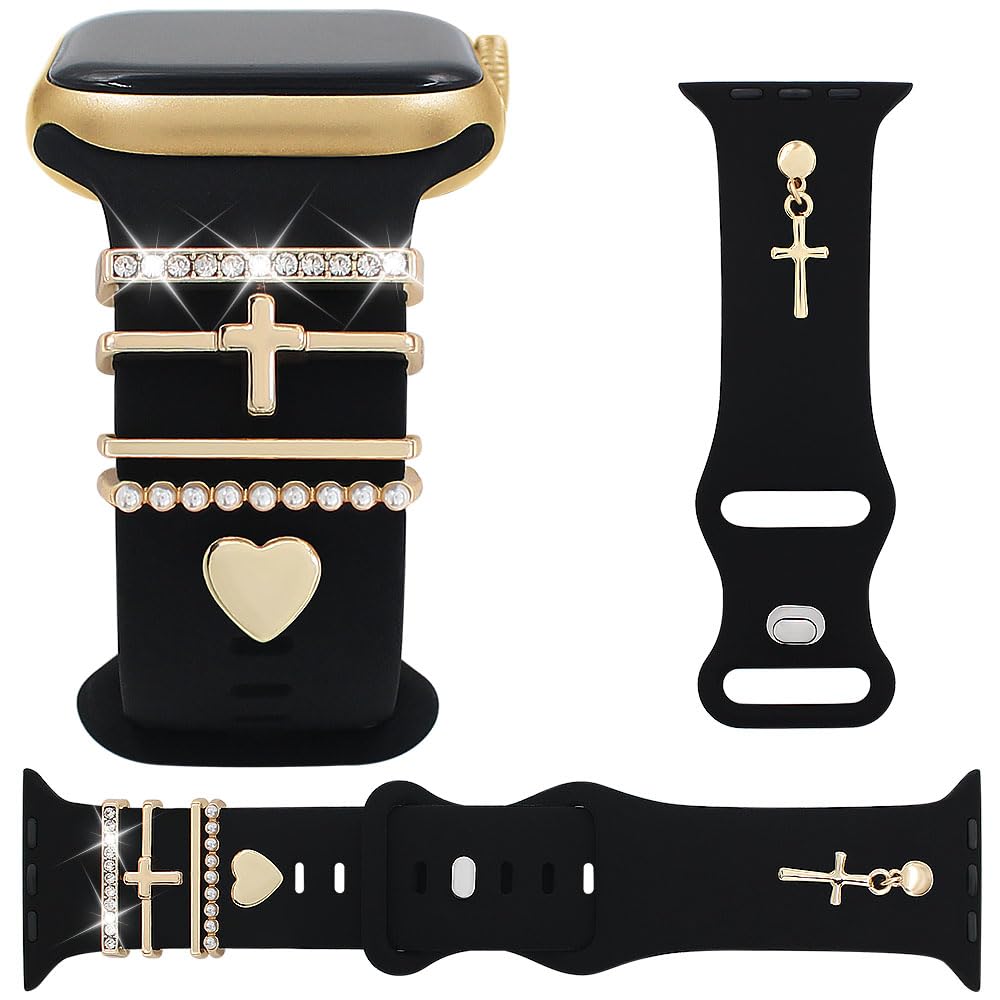 REALSIGN Silicone Band With Charms Compatible with Apple Watch Bands Women 42 41 40 38mm,Stylish Wristband with Bling Pendants for iWatch Series 10 9 8 7 6 5 4 3 SE (Cross Gold, 38MM)