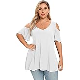 LARACE Plus Size Tunic Tops For Women V neck Short Sleeve T-shirt Cold Shoulder Loose Summer Tops Blouse