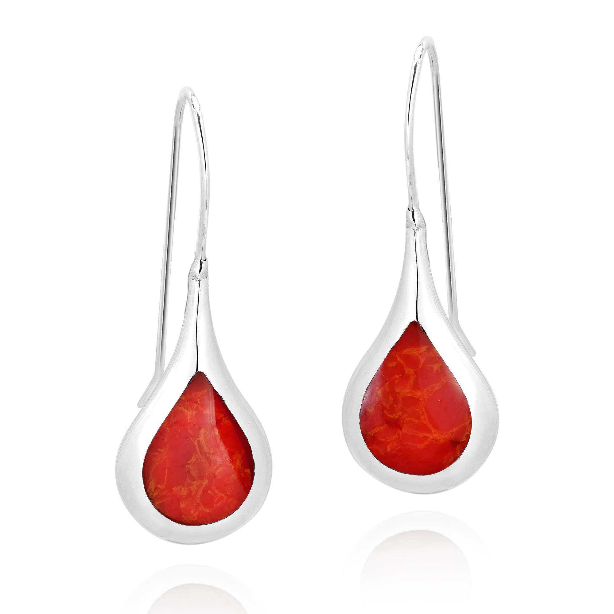 Chunky Teardrop Reconstructed Red Coral Inlay .925 Sterling Silver Dangle Earrings