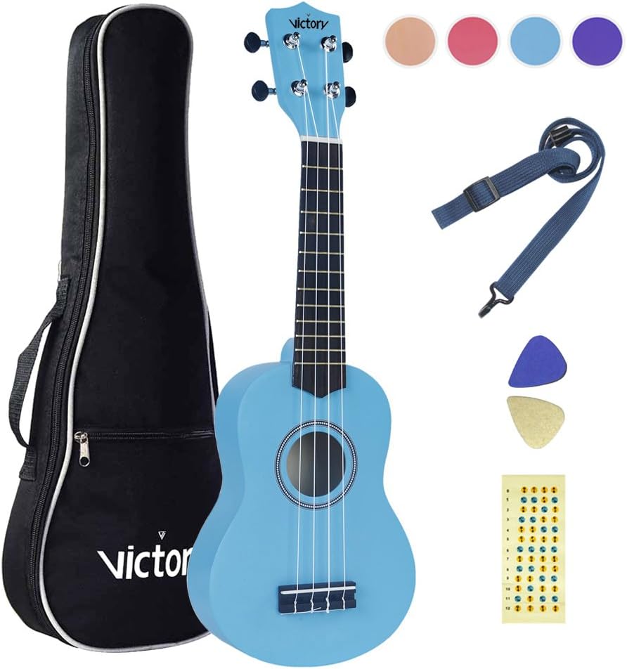 CYC Music Soprano Ukulele 21 Inch Easy Beginner Kit : ( 5 in 1) Bag + Straps + Learning Sticker + Picks - Blue