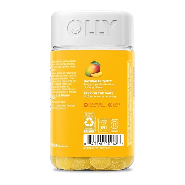 OLLY PROBIOTIC GUMMY, 1 BILLION CFUS, IMMUNE AND DIGESTIVE SUPPORT, CHEWABLE PROBIOTIC SUPPLEMENT, MANGO, 80 COUNT