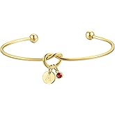 Turandoss Initial Birthstone Bracelets for Women, Dainty 14K Gold Plated 12 Months Disc Initial A-Z Birthstone Heart Knot Bangle Bracelet Birthday Bridesmaid Valentines Jewelry Gifts for Women Girls