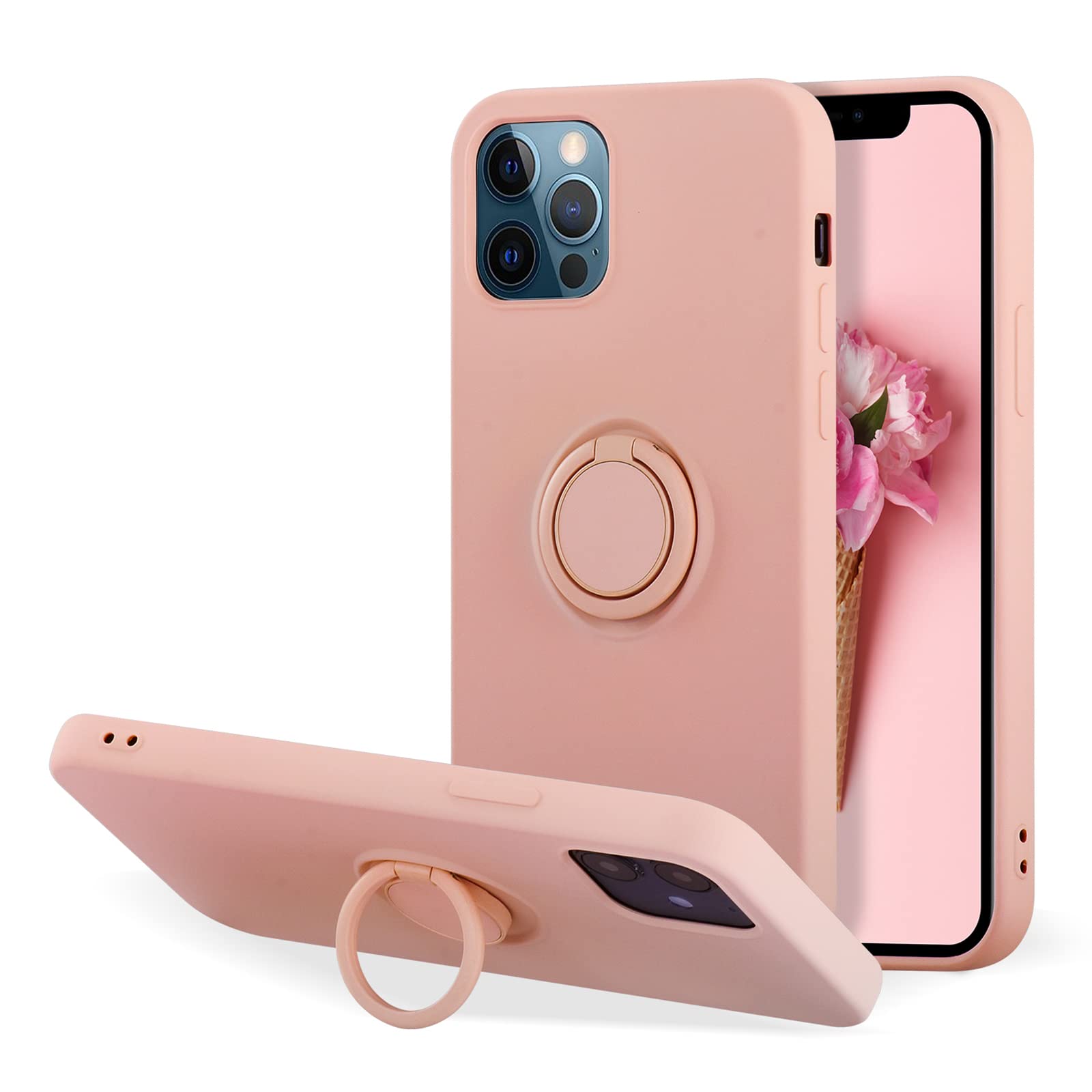UEEBAI Case for iPhone 12 Pro Max 6.7 inch, Ultra Slim Liquid Silicone Phone Case with 360 Rotatable Ring Holder Kickstand with Magnetic Car Mount Gel Rubber TPU Bumper Shockproof Cover - Pink