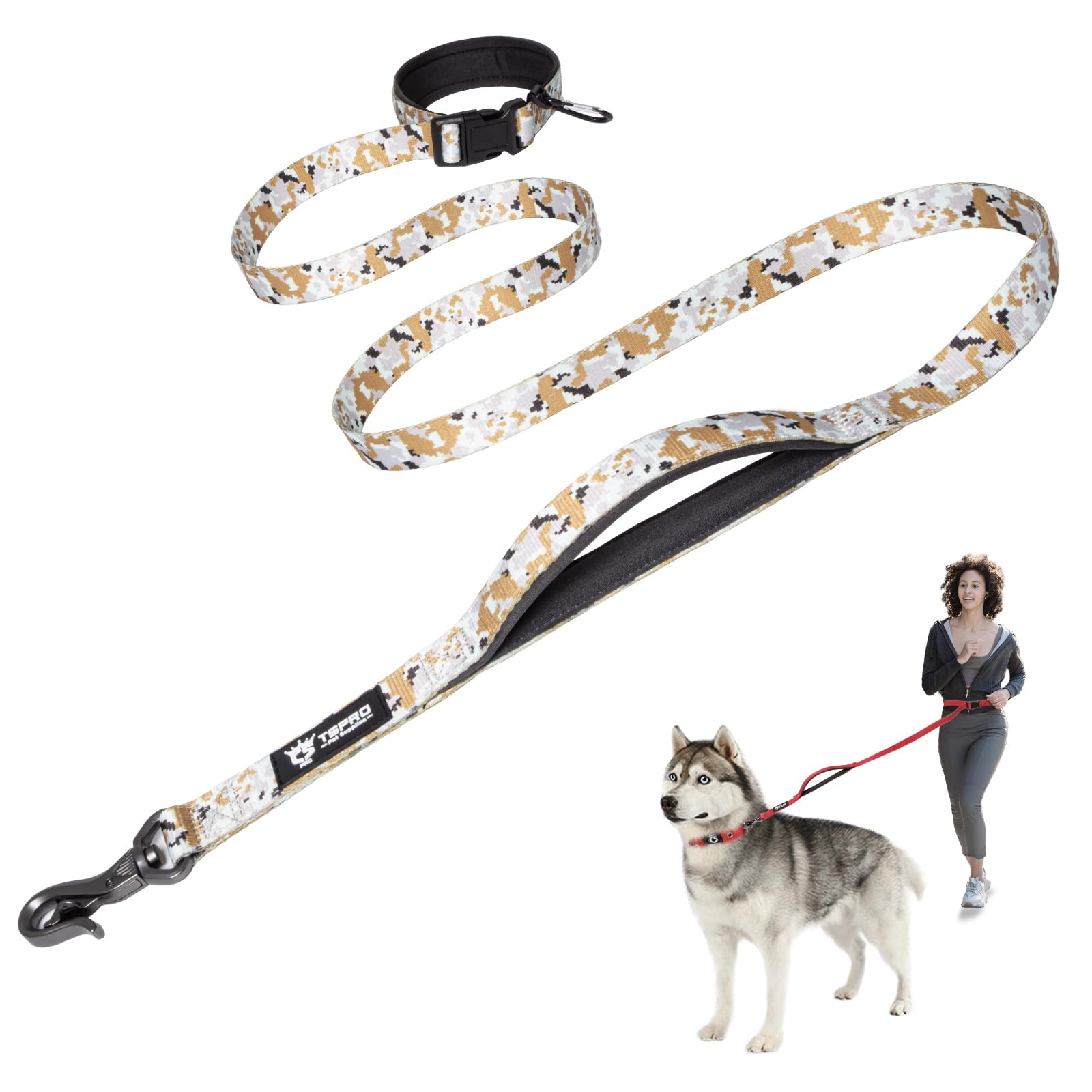 TSPRO Hands Free Dog Lead with Padded Handle & Safety Metal Buckle, Adjustable Durable Lead for Walking & Running, Medium to Large Dogs (Camo Khaki)