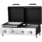 ROVSUN 4 Burner Propane Gas Grill &amp; Griddle Combo, 40000 BTU Tabletop Flat Top Griddle &amp; BBQ Grill with Ignition, Lids &amp; Portable Cart for Outdoor Backyard Cooking Barbecue