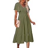 MEROKEETY Women's Summer Casual V Neck Ruffle Sleeve Smocked High Waist Midi Dress with Pockets