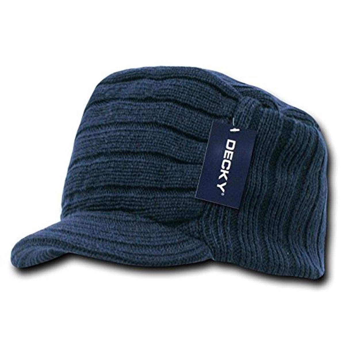 Decky Knitted Flat Top Cap Beanie with Visor - Navy