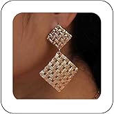 Andelaisi Boho Hammered Square Earrings Vintage Textured Square Drop Earrings Gold Matte Square Dangle Earrings Weave Square Geometric Earrings Jewelry for Women