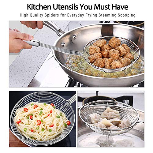 TEMCHY Spider Strainer Skimmer Ladle, 5.5 Inch Stainless Steel Solid Skimmer Basket with Long Handle for Everyday Frying Steaming and Scooping