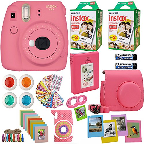 Fujifilm Instax Mini 9 Instant Camera Flamingo Pink + 2X Fuji Instax Film Twin Pack (40PK) + Pink Camera Case + Frames + Photo Album + 4 Color Filters and More Top Accessories Bundle