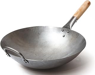 Craft Wok Traditioneller handgehämmerter Wok aus Karbonstahl mit Griff aus Holz und Stahl (Durchmesser 35,6 cm, Rundboden)/731W88