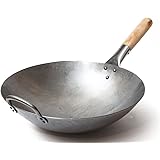 Craft Wok Traditional Hand Hammered Carbon Steel Pow Wok with Wooden and Steel Helper Handle (14 Inch, Round Bottom) / 731W88