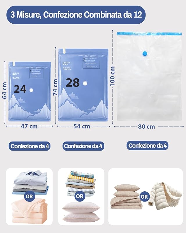 Sacchetti Sottovuoto Vestiti con Pompa Elettrica, 12 Buste Sottovuoto Vestiti (4 * 100x80cm, 4 * 74x54cm, 4 * 64x47cm), Sacchi Sottovuoto per Viaggi, Traslochi e Stoccaggio