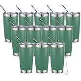 COMOOO 20oz Double Wall Vacuum Insulated Travel Mug Bulk Stainless Steel Tumbler with Lid and Straw Durable Powder Coated Insulated Coffee Cup for Cold & Hot Drinks Green 12 pack