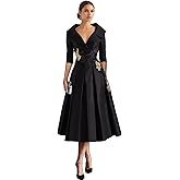 Long Sleeve Satin Mother of The Bride Dresses for Wedding Tea Length Formal Dress Lace Applique Prom Evening Gown