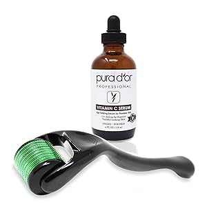 PURA D'OR Vitamin C Serum (4 oz) & 0.25mm Derma Roller Microdermabrasion Complete Skin Care Cosmetic Kit - 540 Titanium Microneedles - Facial Microneedling Instrument for Exfoliating