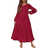 HOSIKA Girls Maxi Dress Long Sleeve Swiss Dot A Line Tiered Flowy Casual Party Dresses with Pockets for 6-12 Y