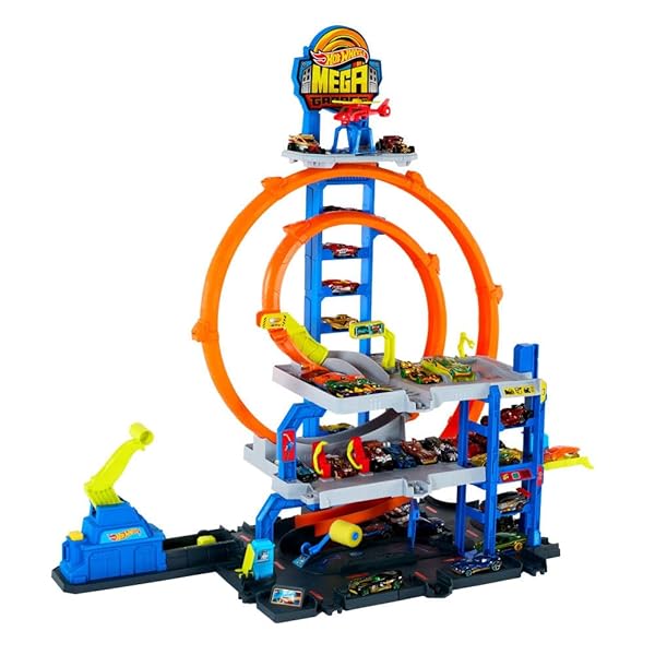 HOT WHEELS TOY CAR TRACK SET WITH DIE-CAST CAR & HELICOPTER, 2 LOOPS, STORAGE FOR 36 1:64 SCALE VEHICLES, SPEED SNAP ADAPTERS, MEGA LOOP GARAGE