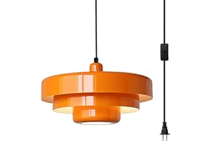 DoungRos Plug in Pendant Light Mid Century Hanging Lamp with Plug in Cord Orange Pendant Lighting Fixtures Nordic Style Metal Shade On/Off Switch Hanging Light for Living Room Dining Bedroom Kitchen