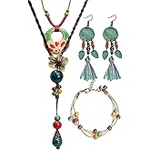 Rnivida Western Jewelry Set for Women,4 Piece Boho Layered Necklace with Earrings and Bracelet,Colorful Vintage Style