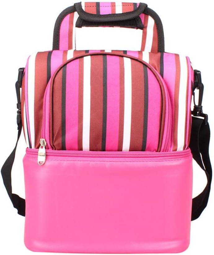 2-Compartment Stripe Tote Lunch Bag with Shoulder Strap Insulated Cooler Picnic Bag for Travel Office School Outdoors