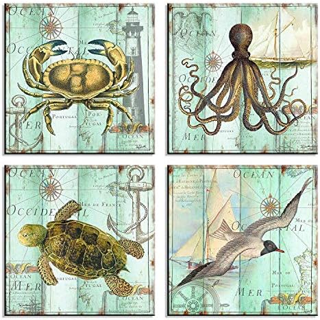 Teal Home Wall Art Decor - Ocean Theme Mediterranean Style Canvas Prints Framed and Stretched Ready to Hang Sea Animal Octopus Turtle Seabirds Crabs Pictures Posters Bathroom - 12 x 12 Panel Set of 4