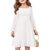 Haloumoning Girls Long Sleeve Dress Kids Ruffle Tiered Dress Swiss Dot Flowy A Line Dresses 5-14 Years