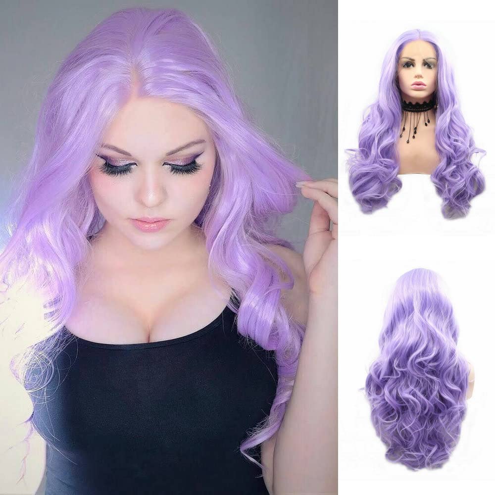 Lavender Wig Body Wave Synthetic Lace Front Wigs for Women Ladies Drag Queen Pastel Purple Lilac Long Cosplay Party Hair 13x4" Pre Plucked Hairline Wig