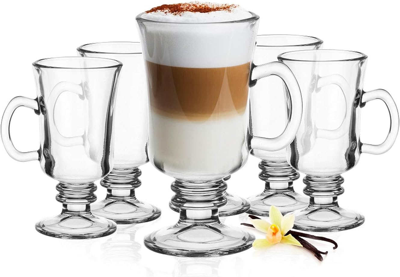 Platinux Irish Coffee Glasses Set with Handle 270 ml (6 Pieces) Latte Macchiato Glass Cocoa Coffee Glass