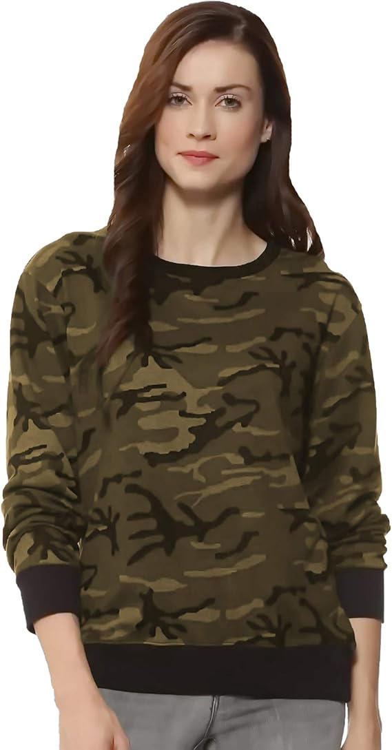 Buy Women's Full Sleeve Army Style Printed Round Neck Slim Fit T-Shirt ...