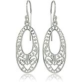 Sterling Silver Oval Filigree Heart Dangle Earrings